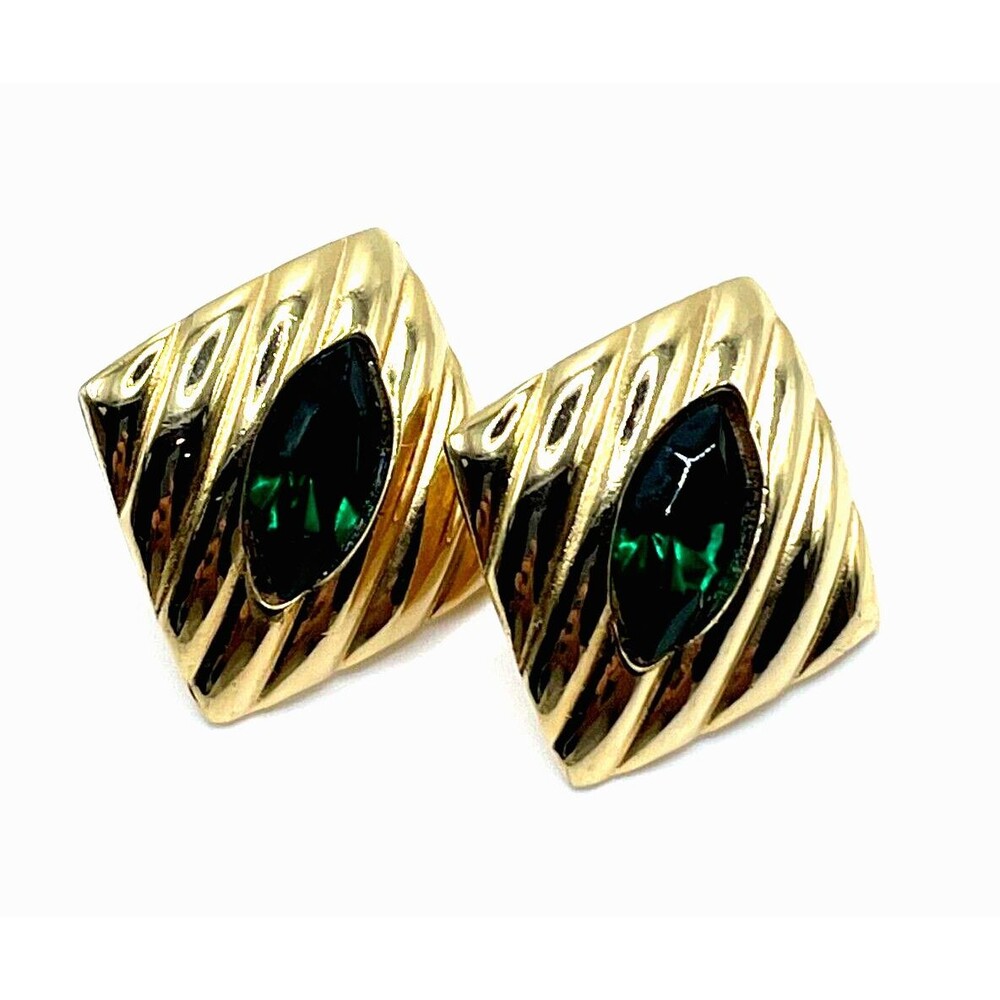 Vintage Clip-on Earrings Emerald Green Rhinestone Gold Tone Diamond Shape
